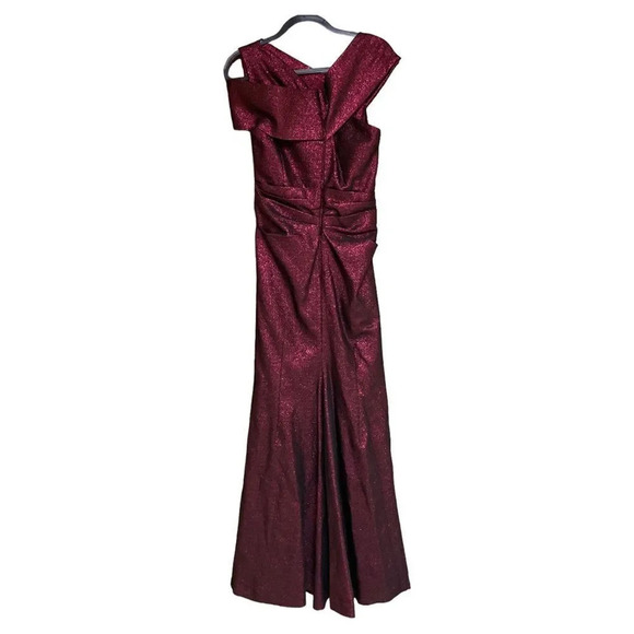 TALBOT RUNHOF Moa Burgundy Metallic Asymmetric Evening Gown Size 14 - Picture 3 of 9